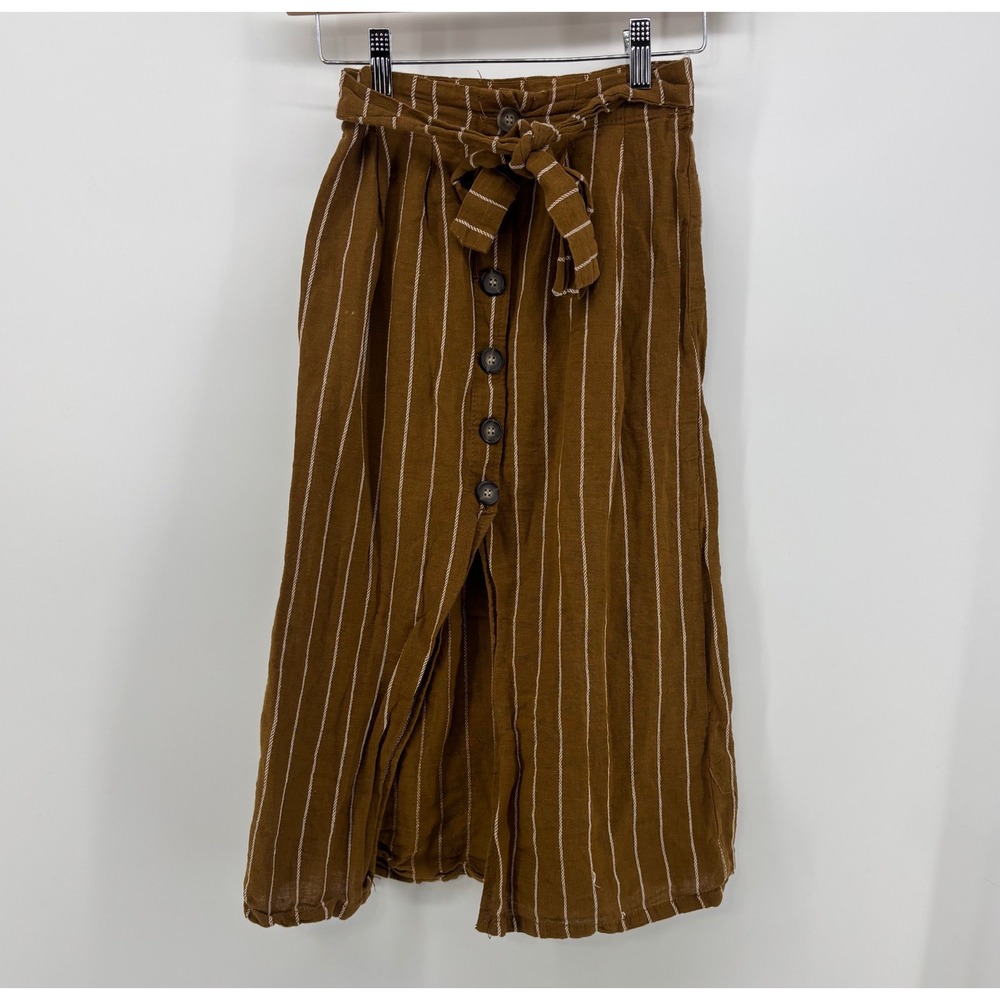 Cali 1850 Midi Skirt Women's XS Brown Striped Linen Blend Button Front Tie Waist